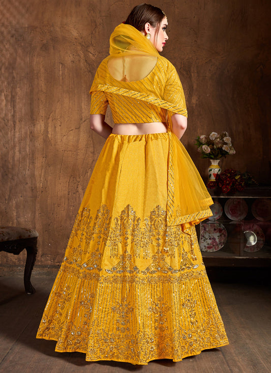 Spectacular Yellow Art Silk Embroidered Designer Lehenga Choli