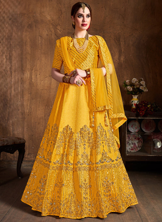 Spectacular Yellow Art Silk Embroidered Designer Lehenga Choli
