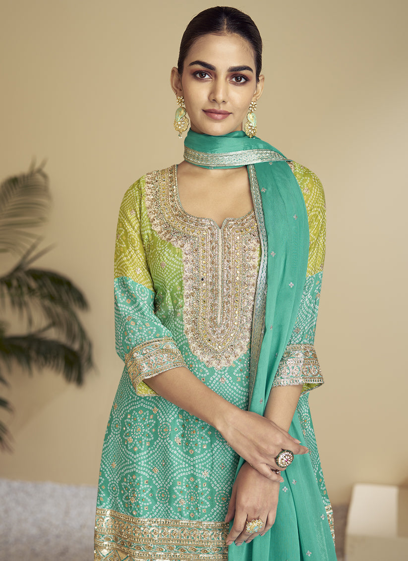 Sea Green and Lime Green Chinnon Embroidered Designer Sharara Kameez