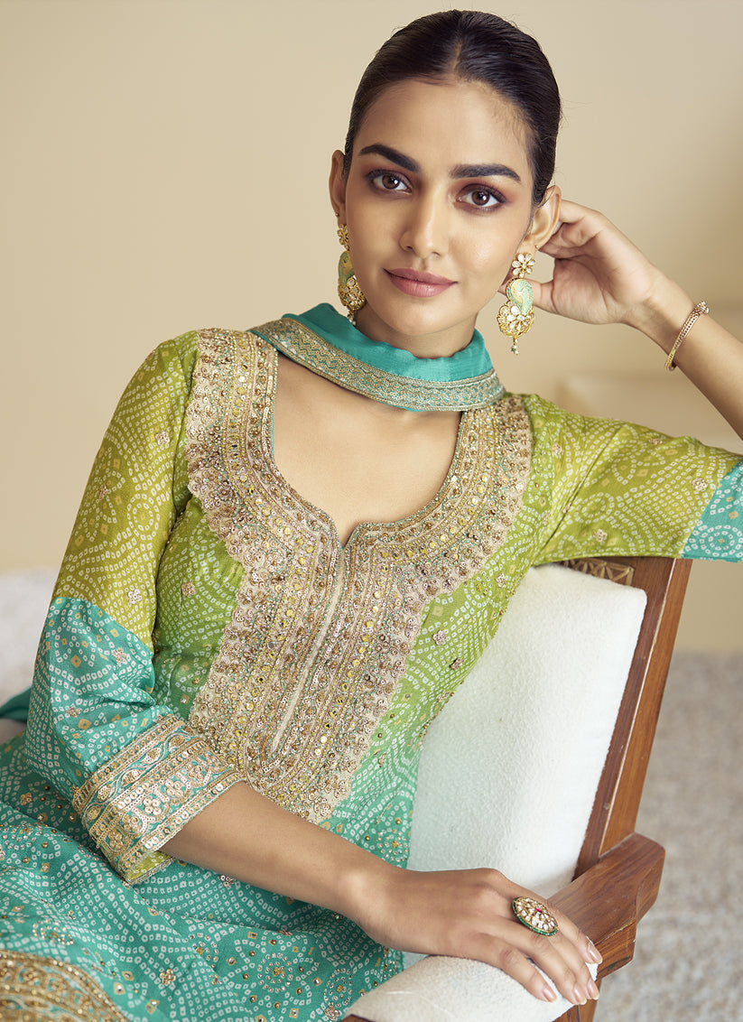 Sea Green and Lime Green Chinnon Embroidered Designer Sharara Kameez