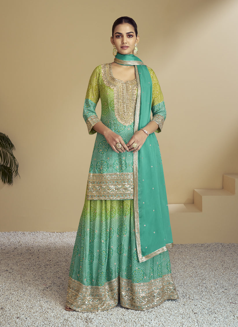 Sea Green and Lime Green Chinnon Embroidered Designer Sharara Kameez