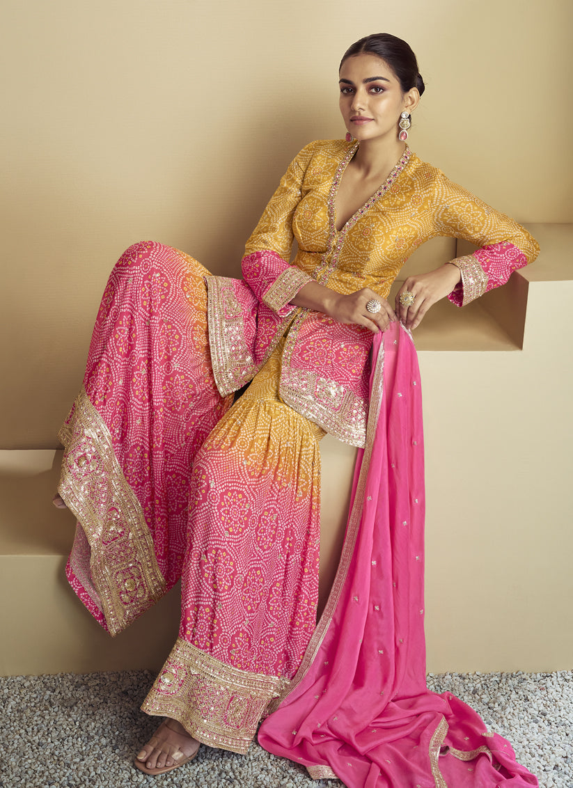 Rani Pink and Mustard Chinnon Embroidered Designer Sharara Kameez