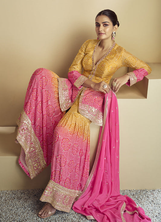 Rani Pink and Mustard Chinnon Embroidered Designer Sharara Kameez