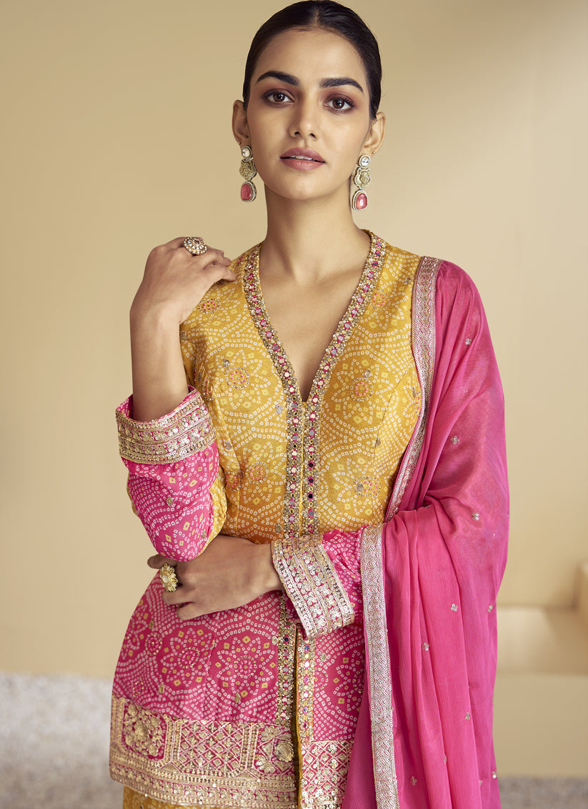 Rani Pink and Mustard Chinnon Embroidered Designer Sharara Kameez