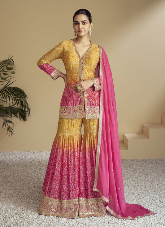 Rani Pink and Mustard Chinnon Embroidered Designer Sharara Kameez