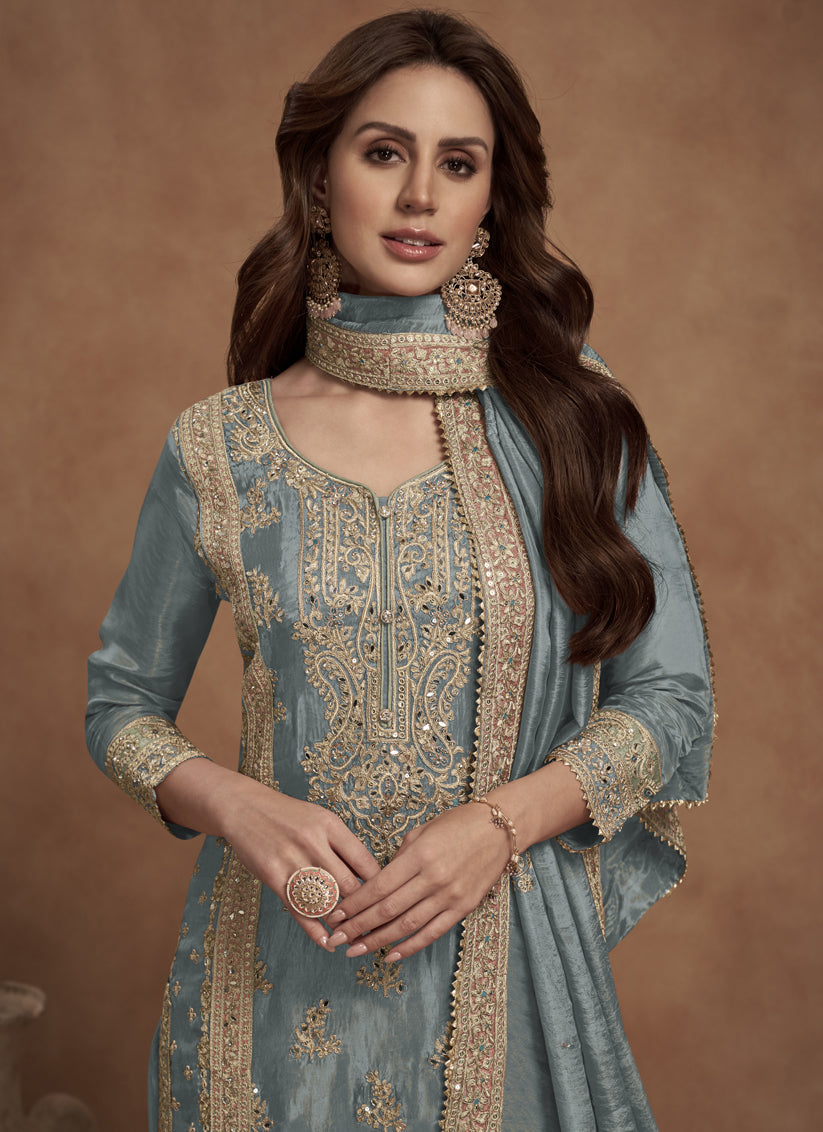 Steel Grey Shimmer Silk Designer Palazzo Kameez