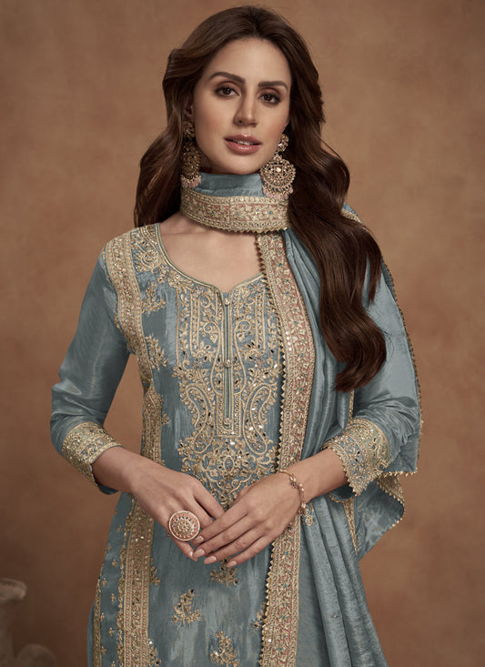 Steel Grey Shimmer Silk Designer Palazzo Kameez