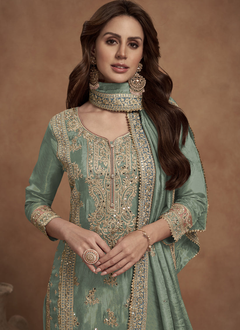 Sage Green Shimmer Silk Designer Palazzo Kameez
