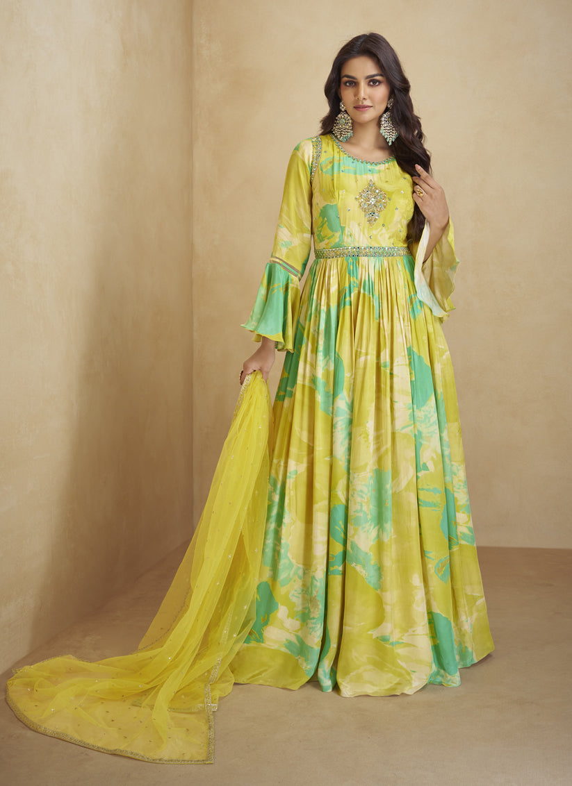 Lemon Yellow Chinnon Anarkali Gown with Dupatta