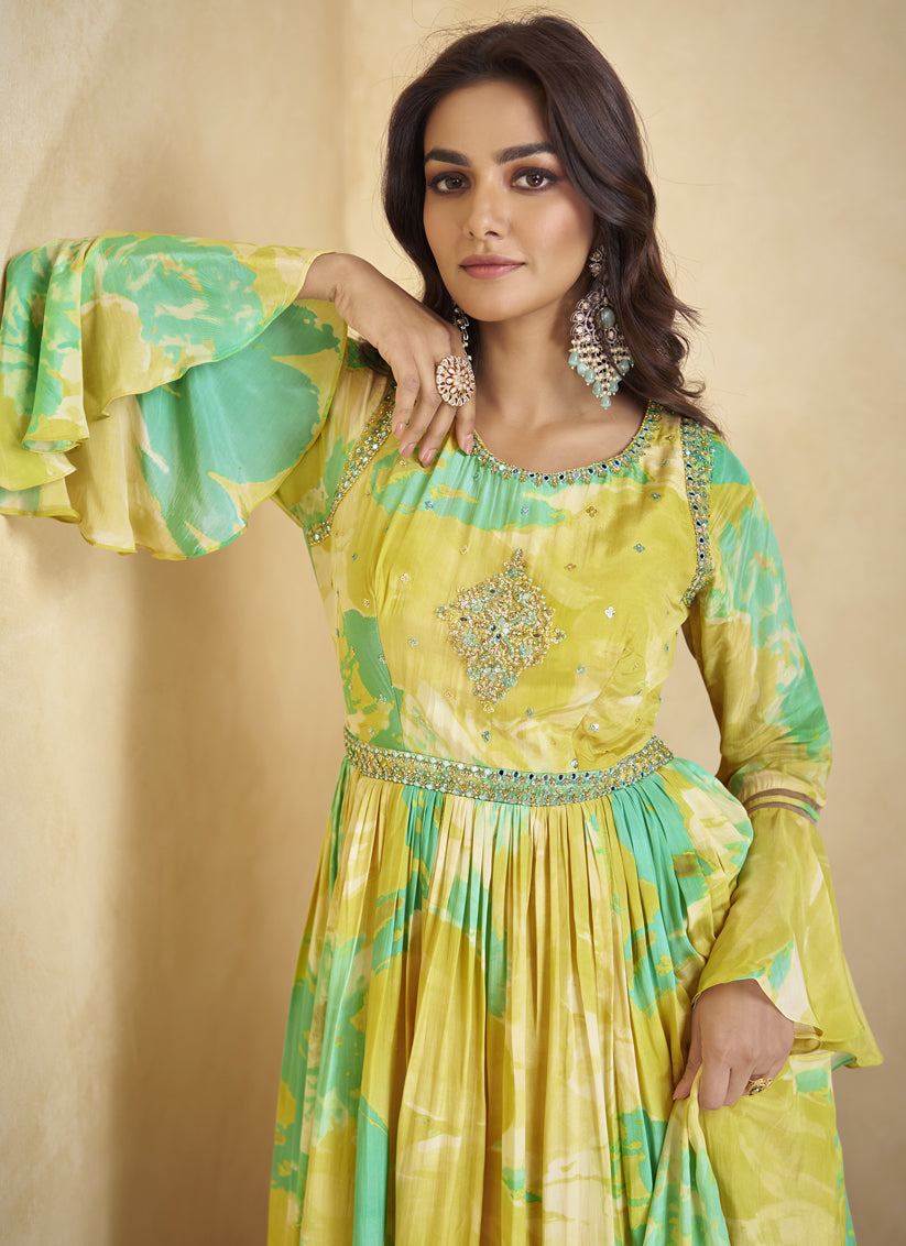Lemon Yellow Chinnon Anarkali Gown with Dupatta
