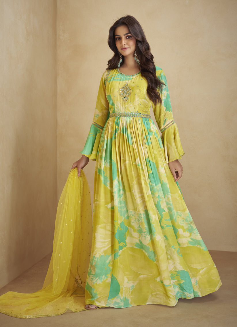 Lemon Yellow Chinnon Anarkali Gown with Dupatta