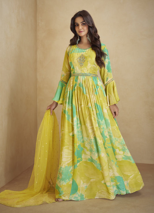 Lemon Yellow Chinnon Anarkali Gown with Dupatta