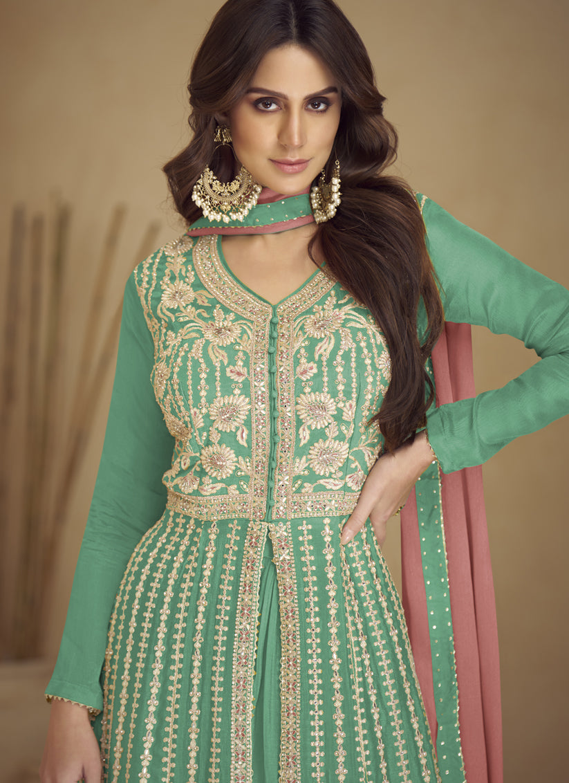 Sea Green Chinnon Embroidered Designer Lehenga Kameez