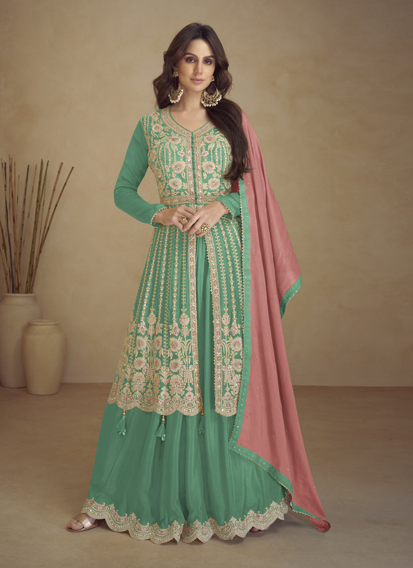 Sea Green Chinnon Embroidered Designer Lehenga Kameez