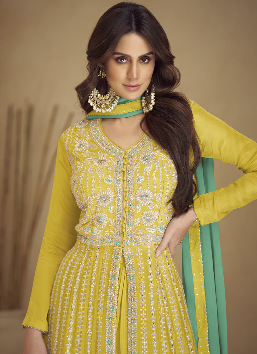 Lime Yellow Chinnon Embroidered Designer Lehenga Kameez
