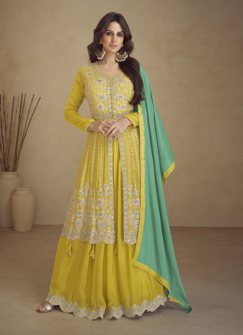 Lime Yellow Chinnon Embroidered Designer Lehenga Kameez