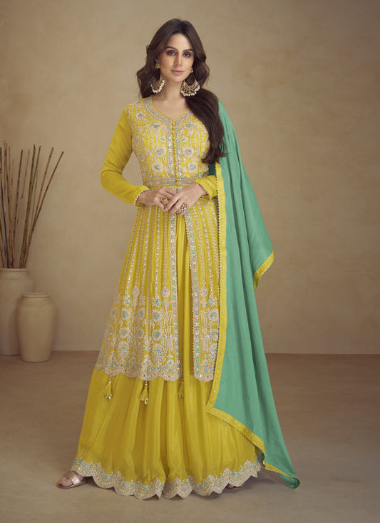 Lime Yellow Chinnon Embroidered Designer Lehenga Kameez