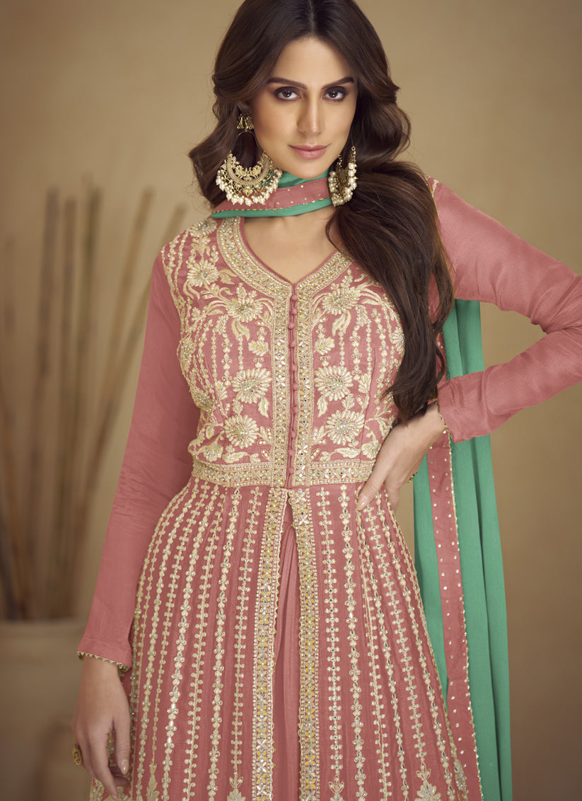 Dusty Pink Chinnon Embroidered Designer Lehenga Kameez