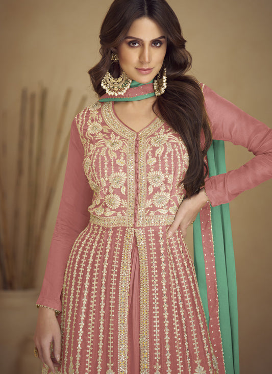 Dusty Pink Chinnon Embroidered Designer Lehenga Kameez