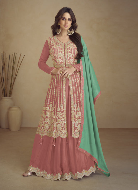 Dusty Pink Chinnon Embroidered Designer Lehenga Kameez