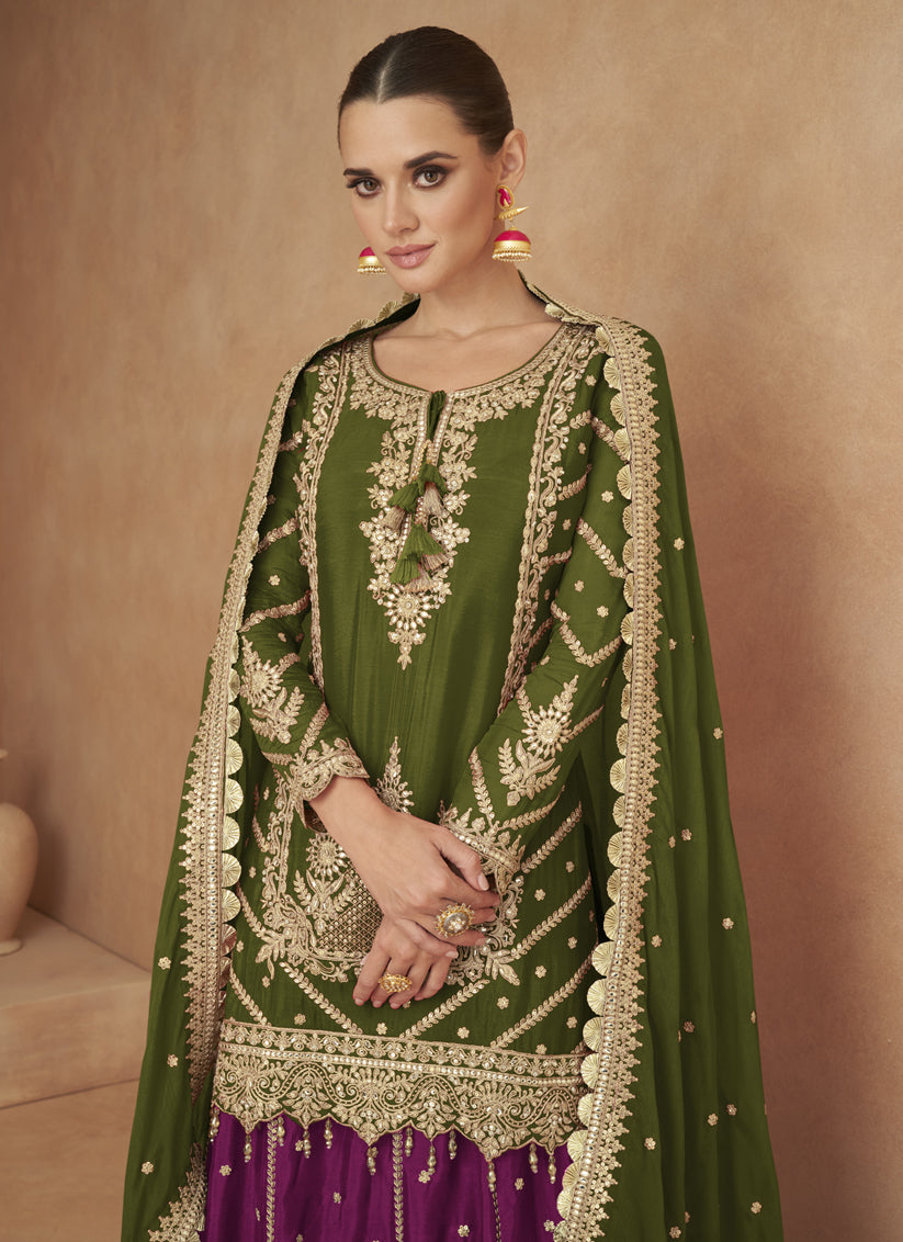 Mahendi Green Chinnon Designer Lehenga Suit