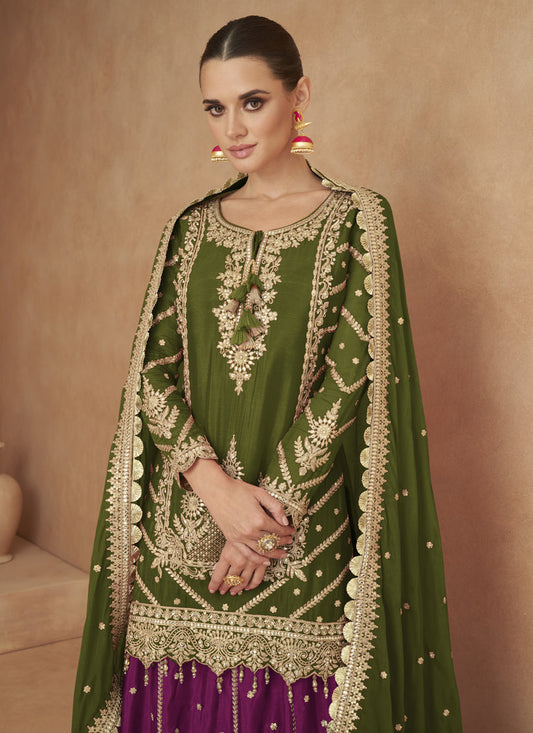 Mahendi Green Chinnon Designer Lehenga Suit