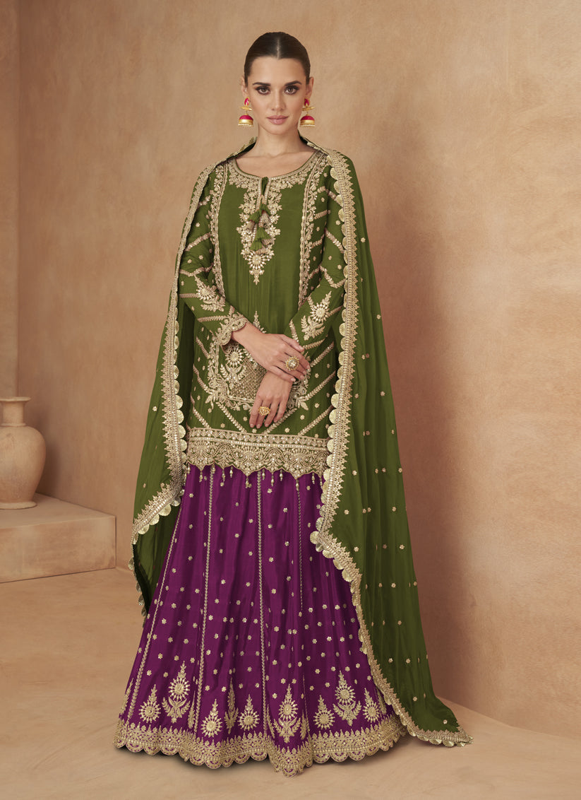 Mahendi Green Chinnon Designer Lehenga Suit