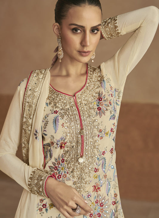 Cream Chinnon Embroidered Designer Palazzo Kameez Suit