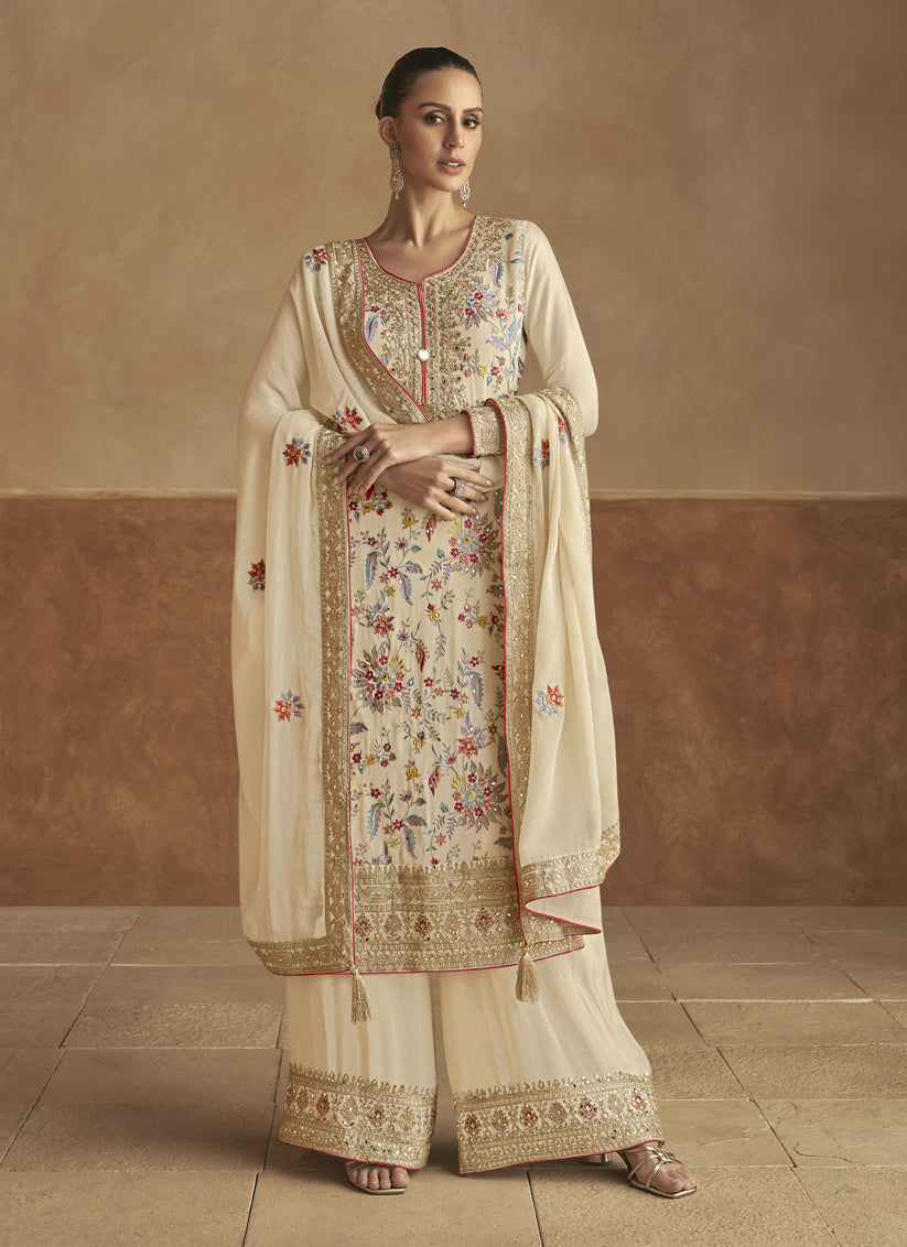 Cream Chinnon Embroidered Designer Palazzo Kameez Suit