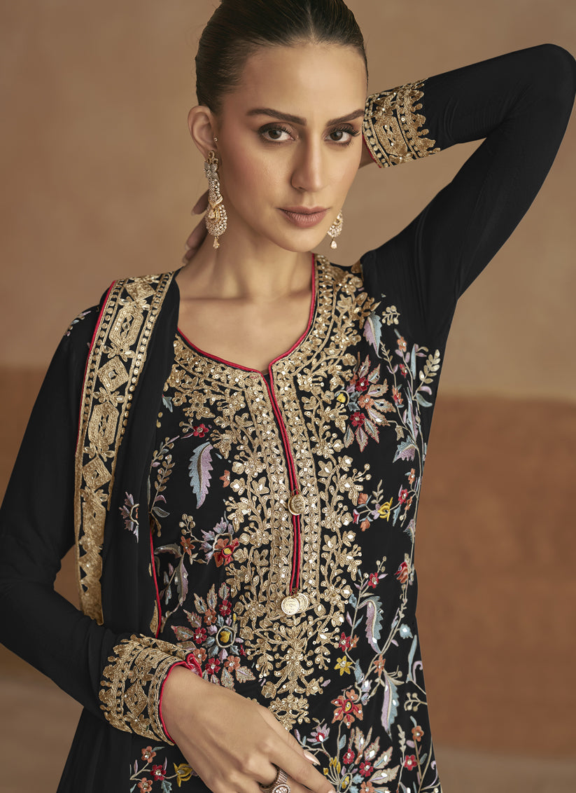 Black Chinnon Embroidered Designer Palazzo Kameez Suit