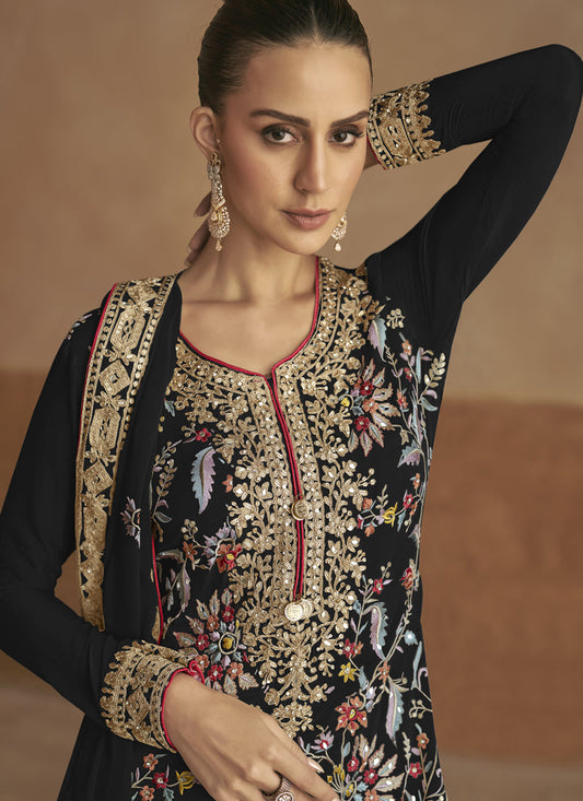 Black Chinnon Embroidered Designer Palazzo Kameez Suit