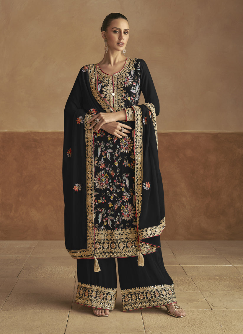 Black Chinnon Embroidered Designer Palazzo Kameez Suit