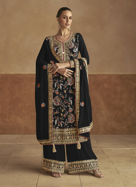 Black Chinnon Embroidered Designer Palazzo Kameez Suit