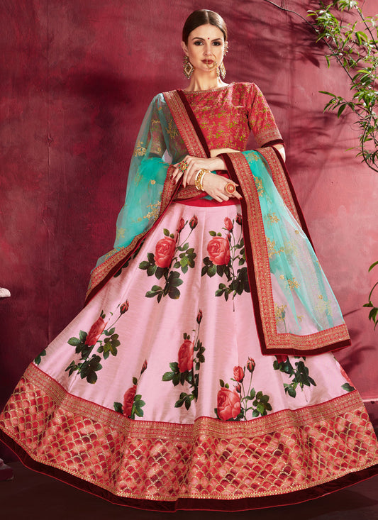 Elegant Rose Pink Heavy Banglori Silk Printed Lehenga Choli