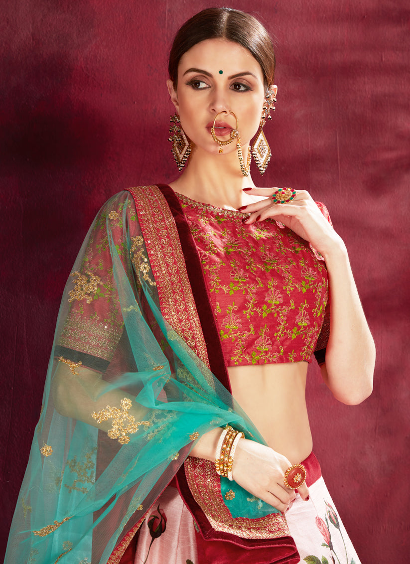 Elegant Rose Pink Heavy Banglori Silk Printed Lehenga Choli