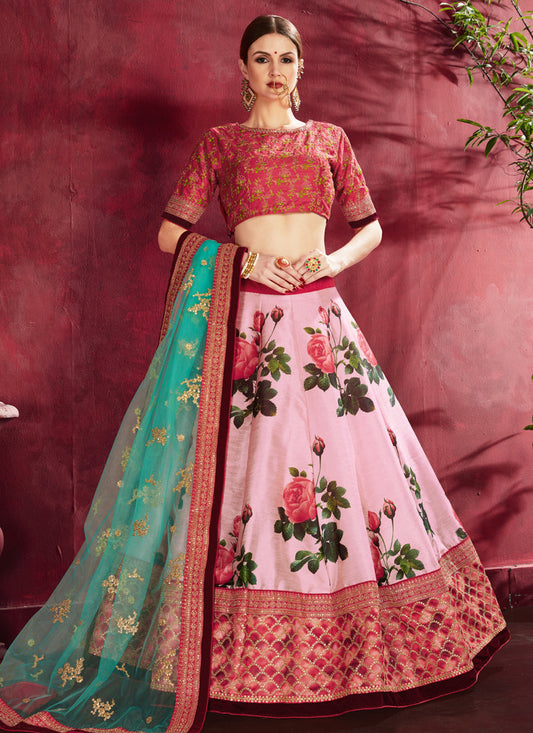 Elegant Rose Pink Heavy Banglori Silk Printed Lehenga Choli