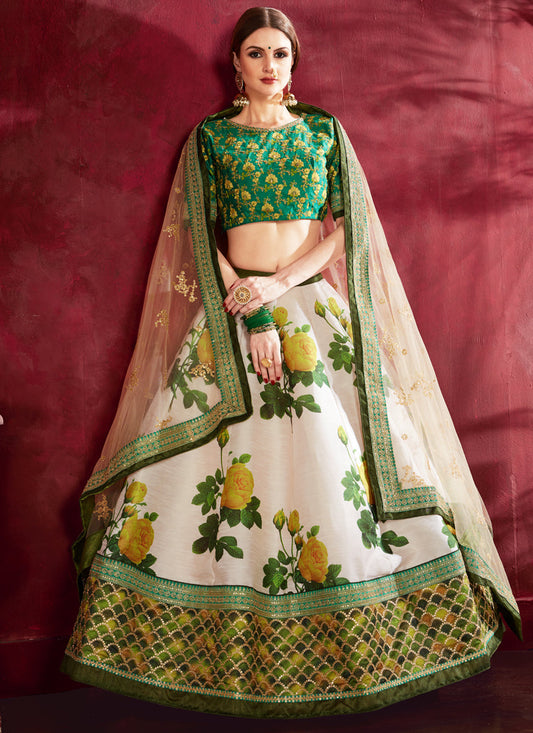 Captivating Cream and Green Heavy Banglori Silk Printed Lehenga Choli