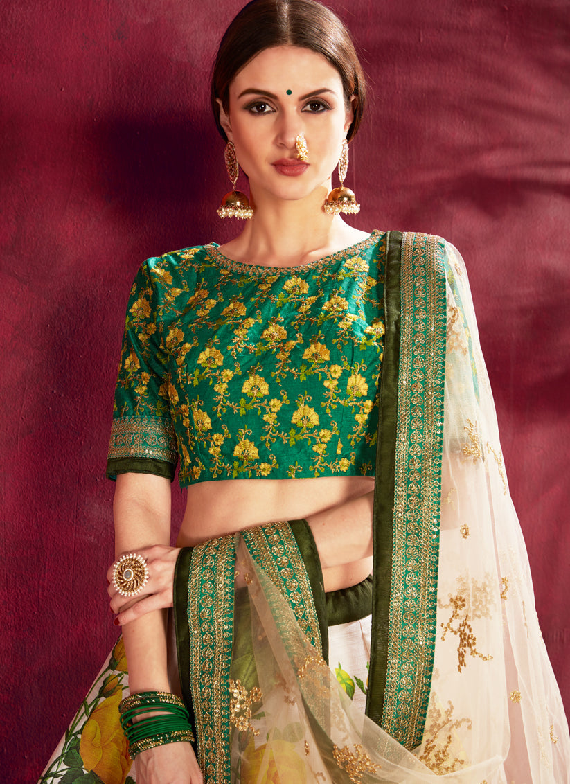 Captivating Cream and Green Heavy Banglori Silk Printed Lehenga Choli