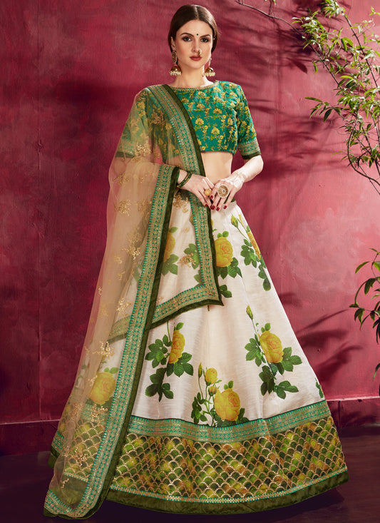 Captivating Cream and Green Heavy Banglori Silk Printed Lehenga Choli