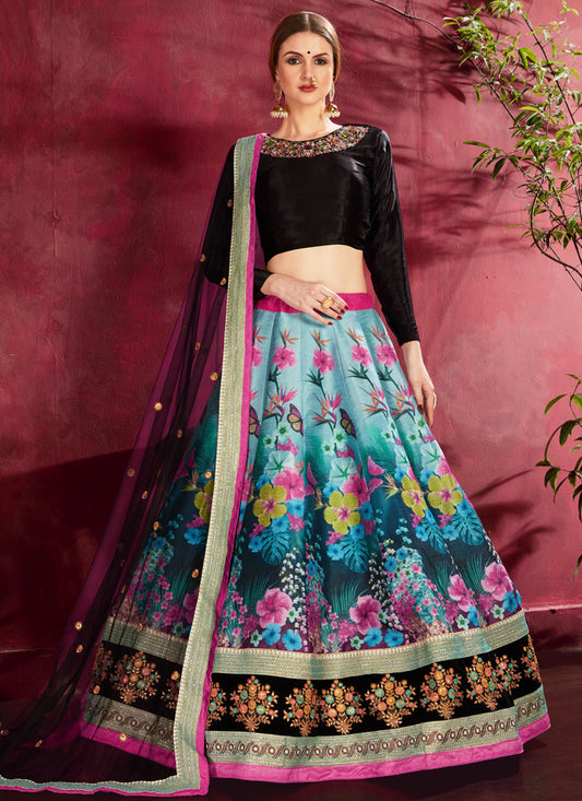 Stylish Black and Multi Color Heavy Banglori Silk Printed Lehenga Choli
