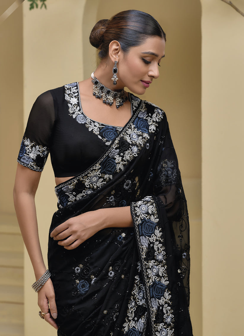 Black Pure Banarasi Tuscany Designer Wedding Saree