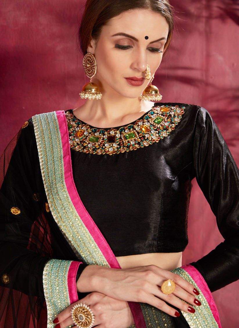 Stylish Black and Multi Color Heavy Banglori Silk Printed Lehenga Choli