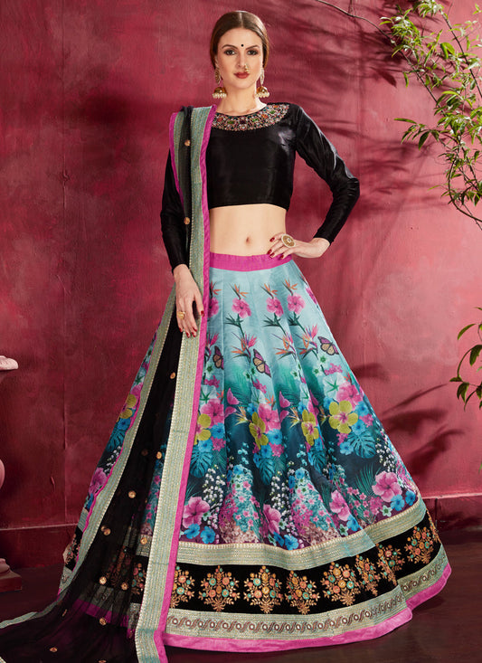 Stylish Black and Multi Color Heavy Banglori Silk Printed Lehenga Choli