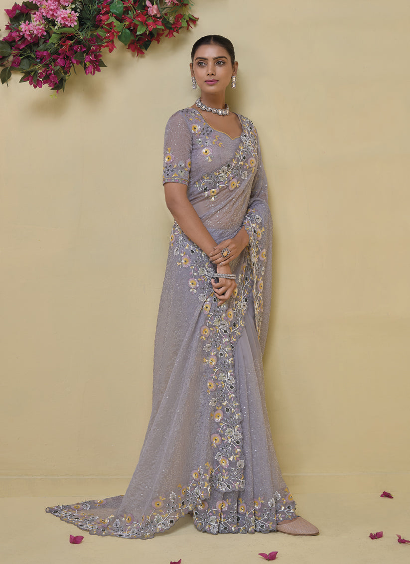 Grey Pure Banarasi Tuscany Designer Wedding Saree