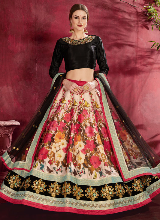 Beautiful Black and Multi Color Heavy Banglori Silk Printed Lehenga Choli