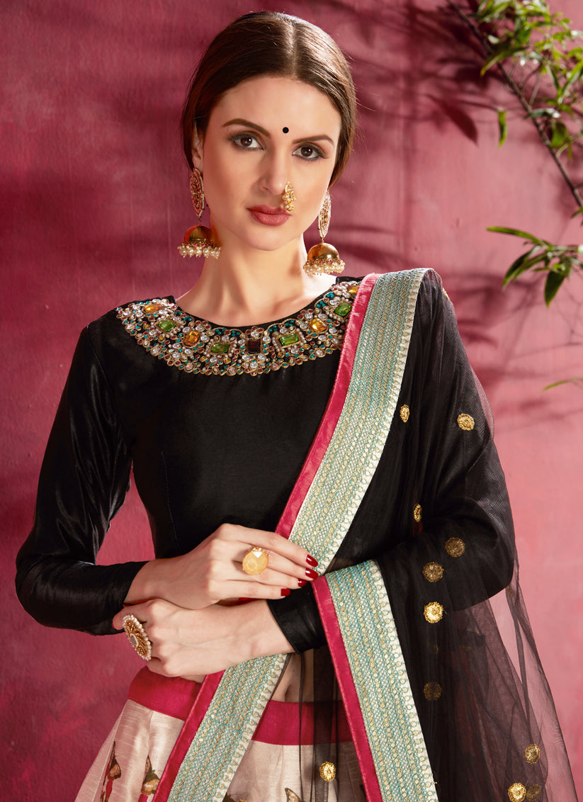 Beautiful Black and Multi Color Heavy Banglori Silk Printed Lehenga Choli
