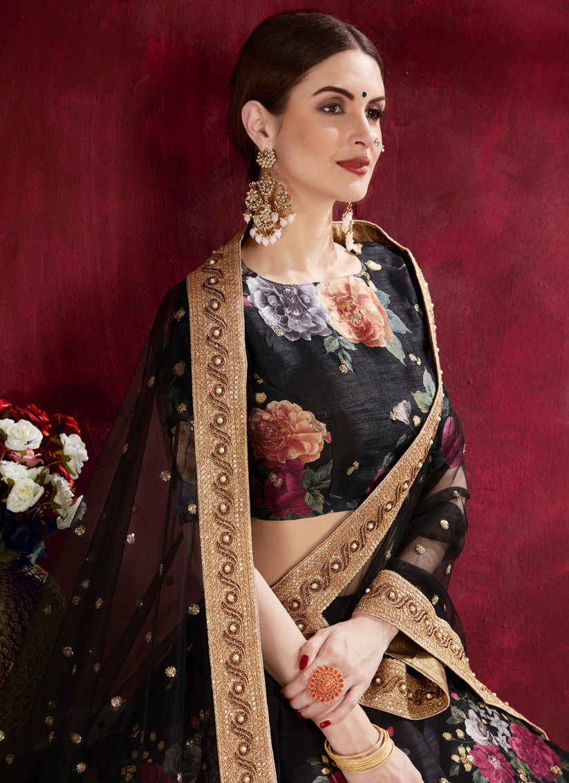 Opulent Black Heavy Banglori Silk Printed Lehenga Choli
