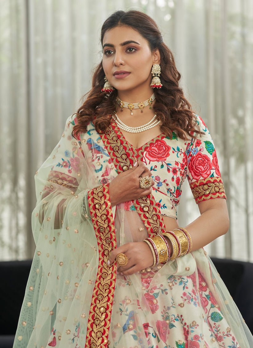 Stunning White Art Silk Floral Print Lehenga Choli