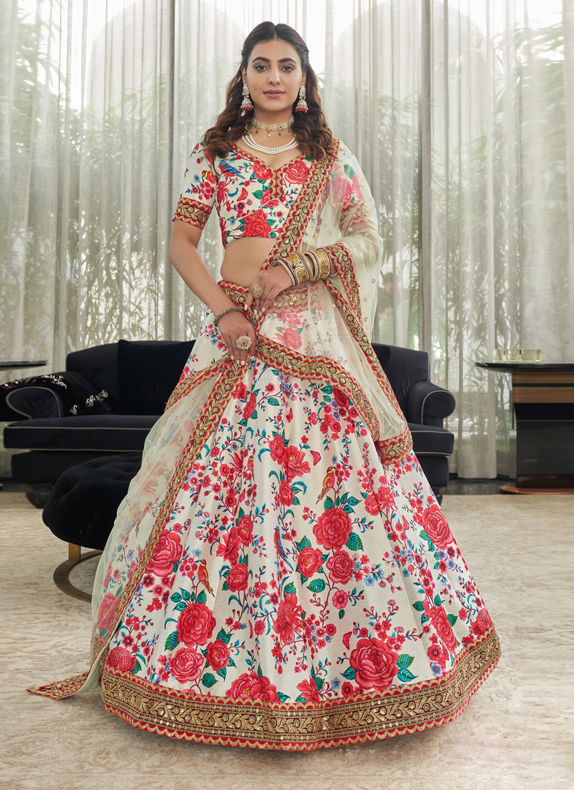 Stunning White Art Silk Floral Print Lehenga Choli