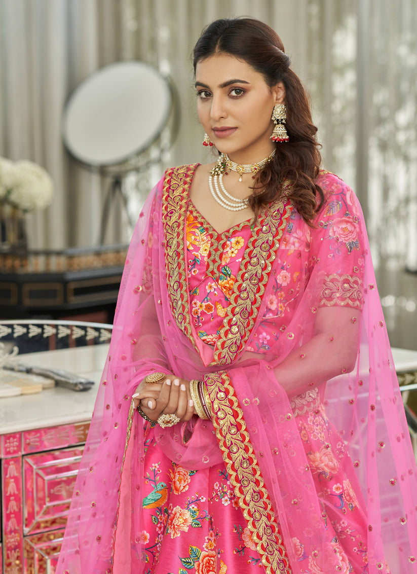 Glamorous Rani Pink Art Silk Floral Print Lehenga Choli